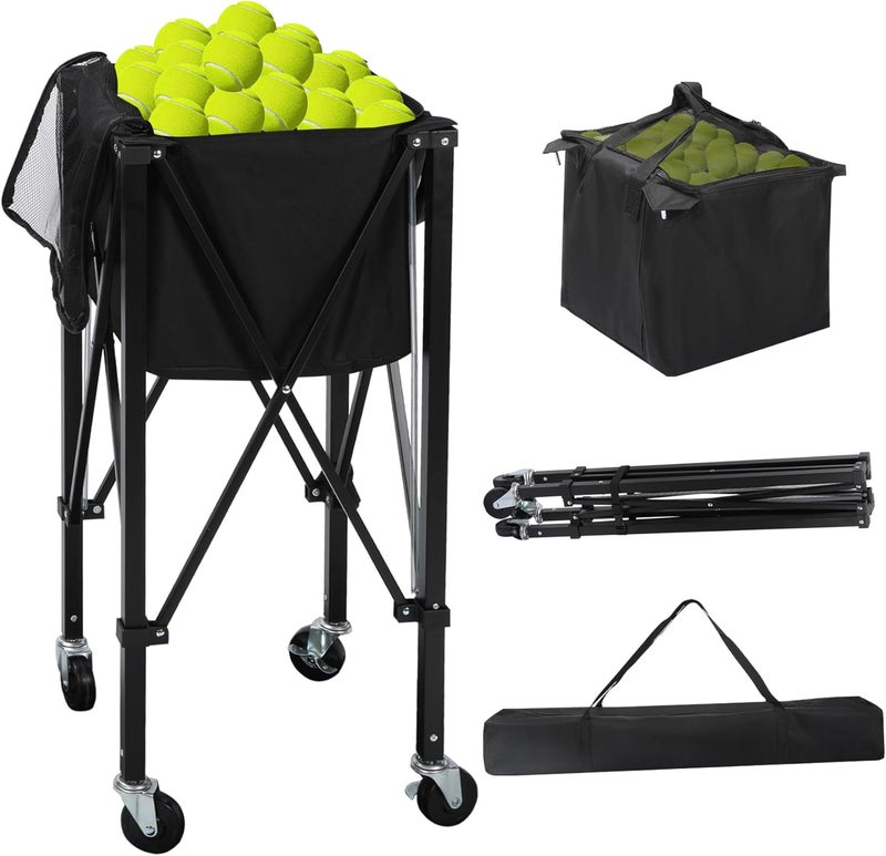 Lineslife Portable Tennis Ball Hopper Holds 200 Balls, Tennis Ball Basket Cart with 4 Wheels & Brakes, Detachable Oxford Fabric Bag for Tennis and Pickleball Training, Black - Image 1